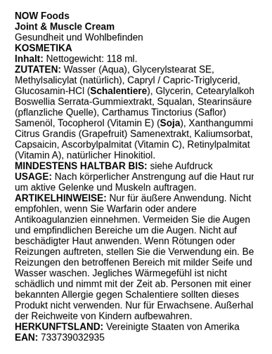 Joint & Muscle Cream - 118 ml.