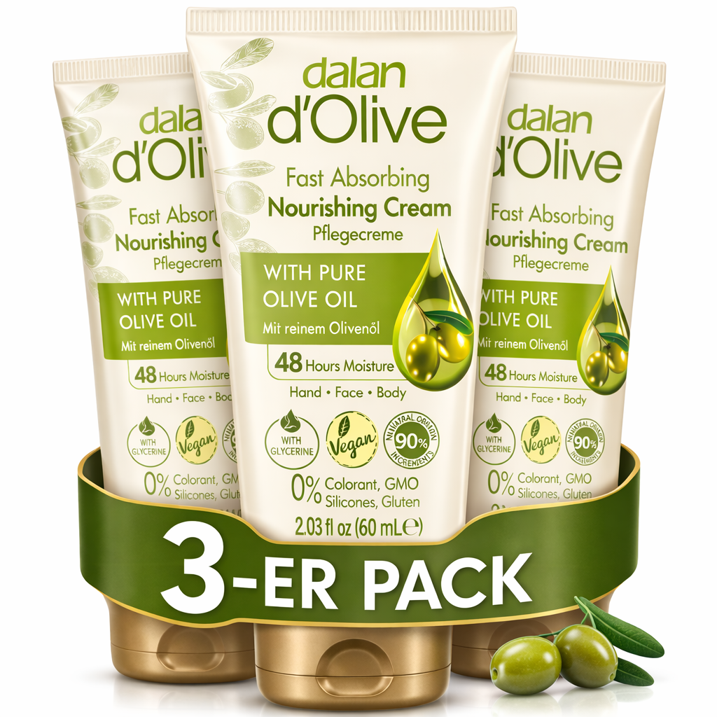 Three tubes of dalan d'Olive Fast Absorbing Nourishing Cream with olive oil graphics on a white background.